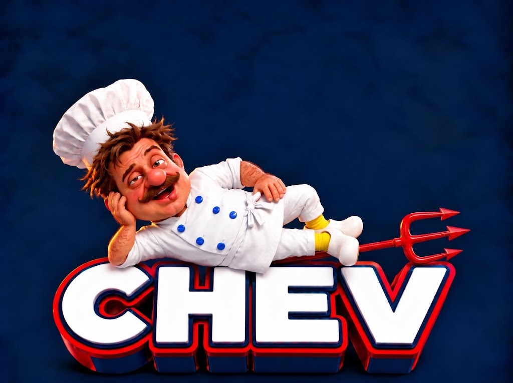 Chev, a mischievous moustached chef in a white uniform with blue buttons, lounging above the CHEV name and a red trident.